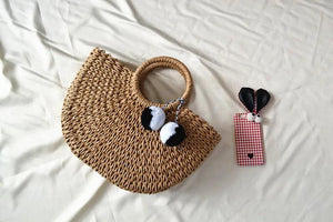 Summer Women Straw Wrapped Rope Woven Bag with pompoms Handbag
