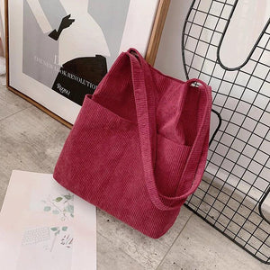 Corduroy Totes Bag Shoulder Handbag with Inner Pocket for School Work Travel