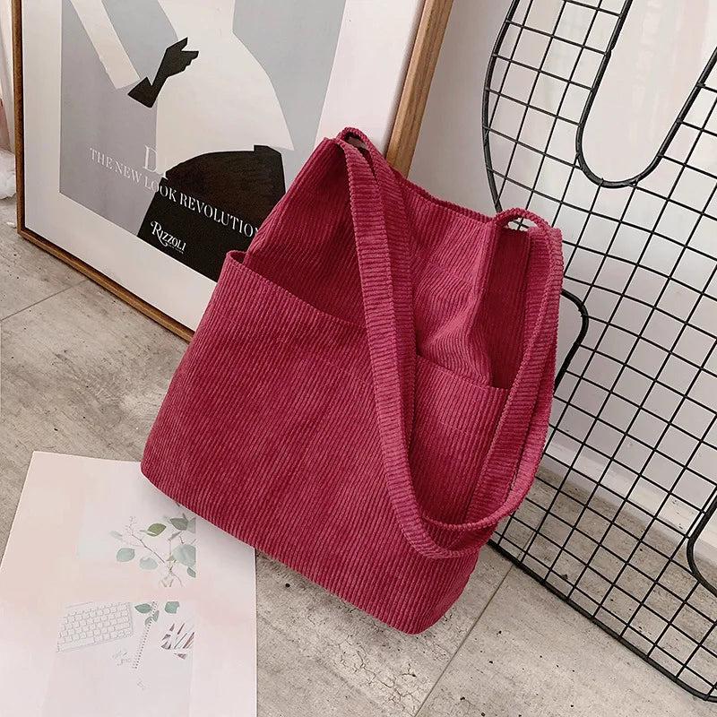 Corduroy Totes Bag Shoulder Handbag with Inner Pocket for School Work Travel
