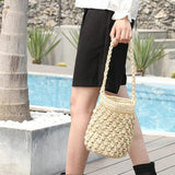 Summer Drawstring Straw Bucket Bag for Women Beach Shoulder Bag