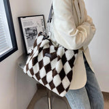 Checkerboard Printed Winter Shoulder Bag Plush Handbag