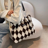 Checkerboard Printed Winter Shoulder Bag Plush Handbag