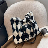Checkerboard Printed Winter Shoulder Bag Plush Handbag
