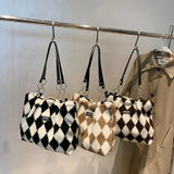 Checkerboard Printed Winter Shoulder Bag Plush Handbag