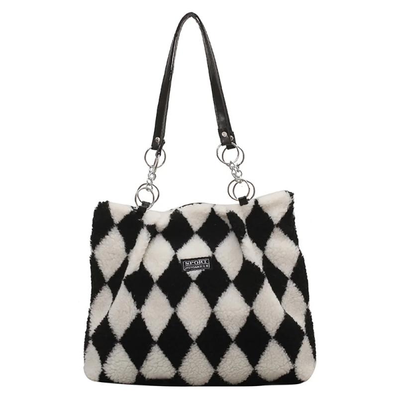 Checkerboard Printed Winter Shoulder Bag Plush Handbag