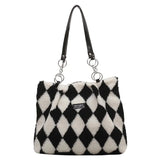 Checkerboard Printed Winter Shoulder Bag Plush Handbag