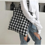Women's Plaid Canvas Shopping Shoulder Bag Large-capacity Handbag