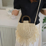 Summer Tassel Straw Bag Wooden Beach Shoulder Crossbody Rattan Bolsa
