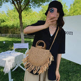 Summer Tassel Straw Bag Wooden Beach Shoulder Crossbody Rattan Bolsa