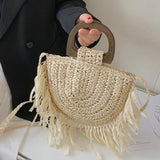 Summer Tassel Straw Bag Wooden Beach Shoulder Crossbody Rattan Bolsa