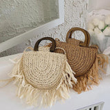Summer Tassel Straw Bag Wooden Beach Shoulder Crossbody Rattan Bolsa