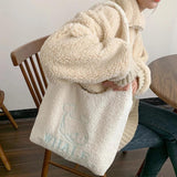 Soft Fleece Plush Handbag Mermaid Dolphin Embroidery Shoulder Tote Bag