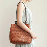 Bohemia Straw Shoulder Bag Large Capcity Woven Bucket Beach Travel Handbag