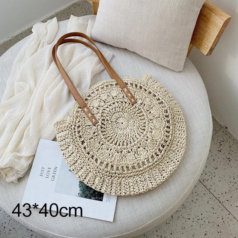Round Straw Shoulder Bag For Women Woven Raffia Handbag Summer Beach Tote