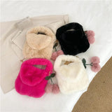 Autumn Winter Plush Phone Pouch Crossbody Handbags with Fluffy Fur Chain