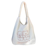 Embroidered Bear Tote Bag Soft Fluffy Handle for Autumn Winter Handbags