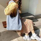 Embroidered Bear Tote Bag Soft Fluffy Handle for Autumn Winter Handbags