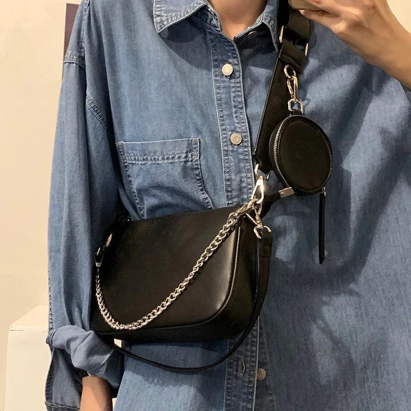 Pu Leather Shoulder Bag For Women Chains Crossbody Handbag Purse 2pcs