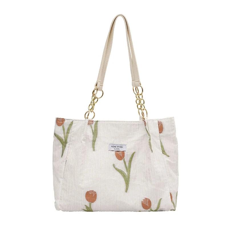 French Style Tulip Flowers Shoulder Bag for Daily Commute