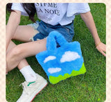 Soft Plush Women's Shoulder Bag Cartoon Sky Clouds Small Tote Handbags