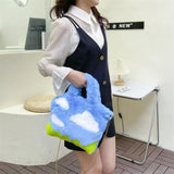 Soft Plush Women's Shoulder Bag Cartoon Sky Clouds Small Tote Handbags