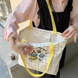 Plaid Canvas Shoulder Bag Embroidered Handbag Lady Casual Tote