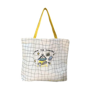 Plaid Canvas Shoulder Bag Embroidered Handbag Lady Casual Tote