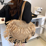 Bohemian Round Tassel Women Straw Bag Rattan Shoulder Bags Large Capacity
