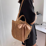 Straw Hollow Bucket Shoulder Bag Summer Beach Purse Vintage Handbags