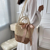 Straw Hollow Bucket Shoulder Bag Summer Beach Purse Vintage Handbags