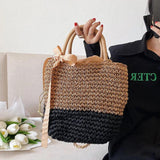 Straw Hollow Bucket Shoulder Bag Summer Beach Purse Vintage Handbags
