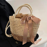 Straw Hollow Bucket Shoulder Bag Summer Beach Purse Vintage Handbags