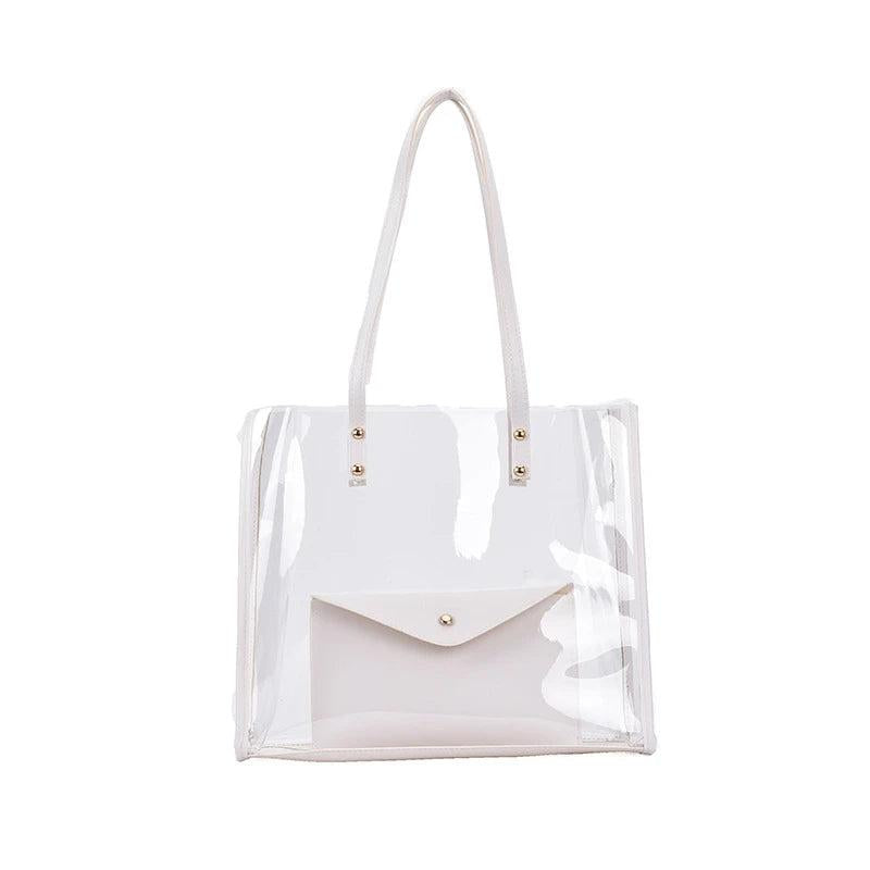 Ladies Transparent PVC Shopping Bag + Pu Shoulder Bag Large Capacity