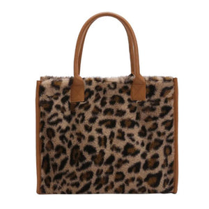 Vintage PU Leather Plush Animal Print Handbag Large Tote Bag