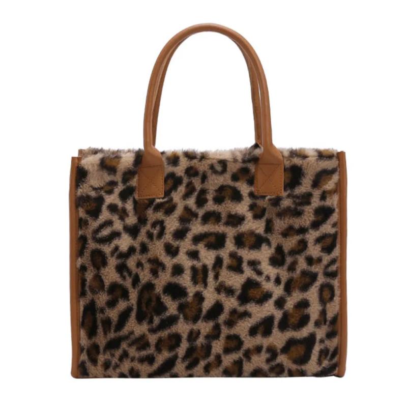Vintage PU Leather Plush Animal Print Handbag Large Tote Bag