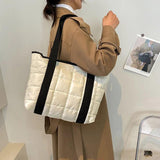 Winter Nylon Padded Tote Bag Quilted Plaid Women Handbags Shoulder Bags