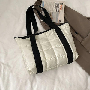Winter Nylon Padded Tote Bag Quilted Plaid Women Handbags Shoulder Bags