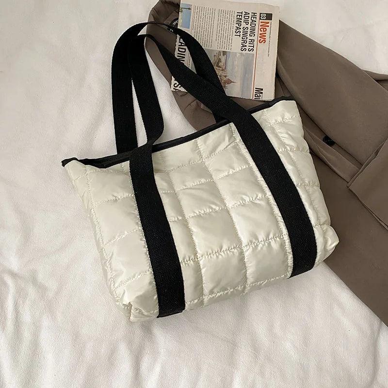 Winter Nylon Padded Tote Bag Quilted Plaid Women Handbags Shoulder Bags