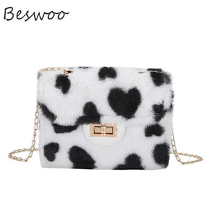 Heart Prints Plush Shoulder Bag Faux Fur Messenger Square Bags