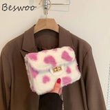 Heart Prints Plush Shoulder Bag Faux Fur Messenger Square Bags