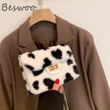 Heart Prints Plush Shoulder Bag Faux Fur Messenger Square Bags
