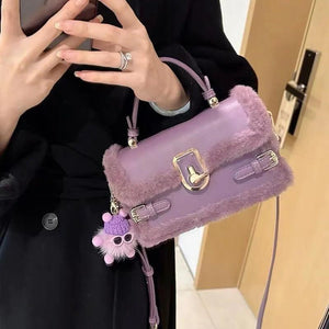 Women's Plush Shoulder Bag Square Messenger Purse PU Leather Handbag