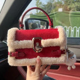 Women's Plush Shoulder Bag Square Messenger Purse PU Leather Handbag