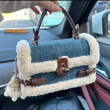 Women's Plush Shoulder Bag Square Messenger Purse PU Leather Handbag