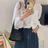 Cotton Hollow Small Tote Women Mesh Handbag Retro Net Beach Buack Bags