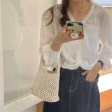 Cotton Hollow Small Tote Women Mesh Handbag Retro Net Beach Buack Bags