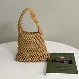 Cotton Hollow Small Tote Women Mesh Handbag Retro Net Beach Buack Bags