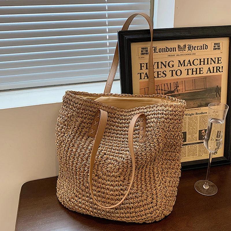 Women Summer Woven Shoulder Shopping Bag Beach Vacation Travel