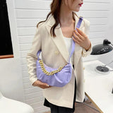 Pleated Shoulder Bag Half Moon Chain Crossbody Bags For Women Solid Pu Leather