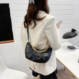 Pleated Shoulder Bag Half Moon Chain Crossbody Bags For Women Solid Pu Leather